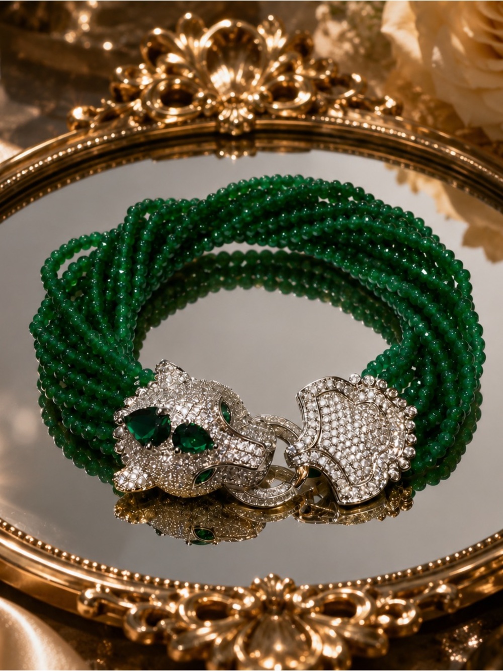 Jade Multi-Strand Beaded Bracelet with Pavé Crystal Clasp